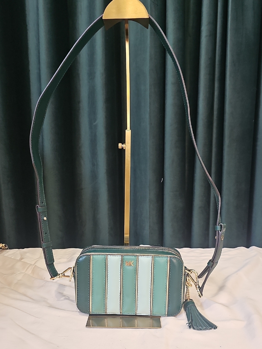 Michael Kors Striped Dark Green and Mint Leather Crossbody Bag